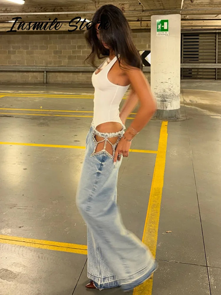 Y2K Women's Diamond Star Blue Jeans High Waist Pockets Zipper Wide Leg Denim Pant 2026 Summer Autumn Lady Street All-match Pants