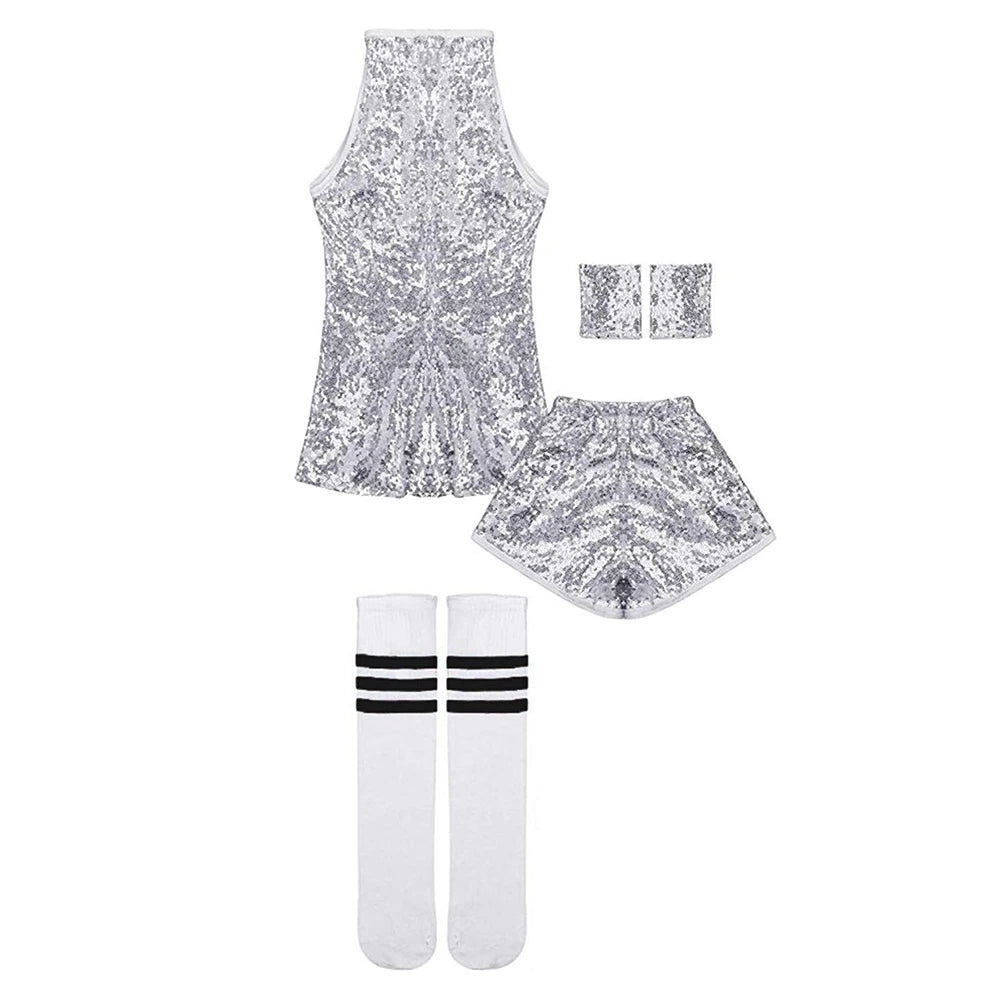 LOlanta 5-12 Years Girls Sequins Cheerleading Dress with Socks Jazz Modern Street Dance Hip-Hop Performances Costumes
