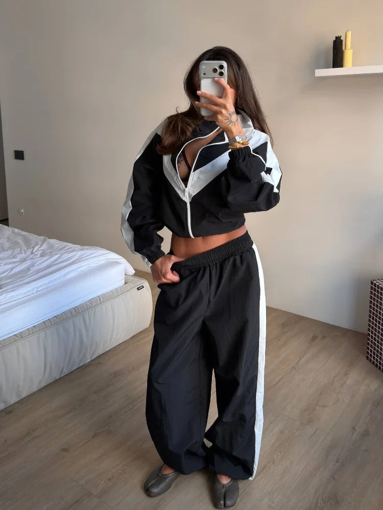 Women Color Block Zip Up 2 Piece Set  Long Sleeve Stand Collar Jacket High Waist Shorts Suit 2026 Spring Autumn Casual Outfit