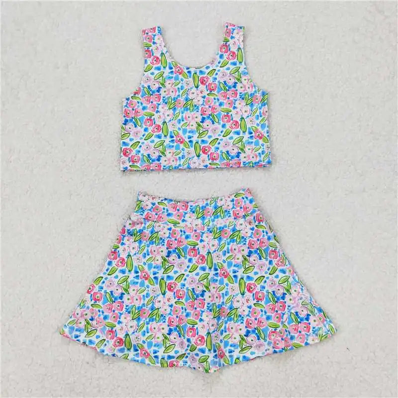 Baby Girl Clothes Kids Sets Toddler Girls Summer Athletic Acive Wear with Blue Castles Yoga Vest Top Sports Skorts Dresses