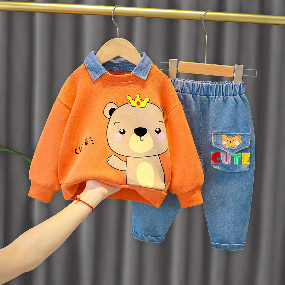 Baby boy clothes 0-4 years old spring and autumn long-sleeved suit boy cartoon lapel cotton sweater + jeans baby 2-piece set