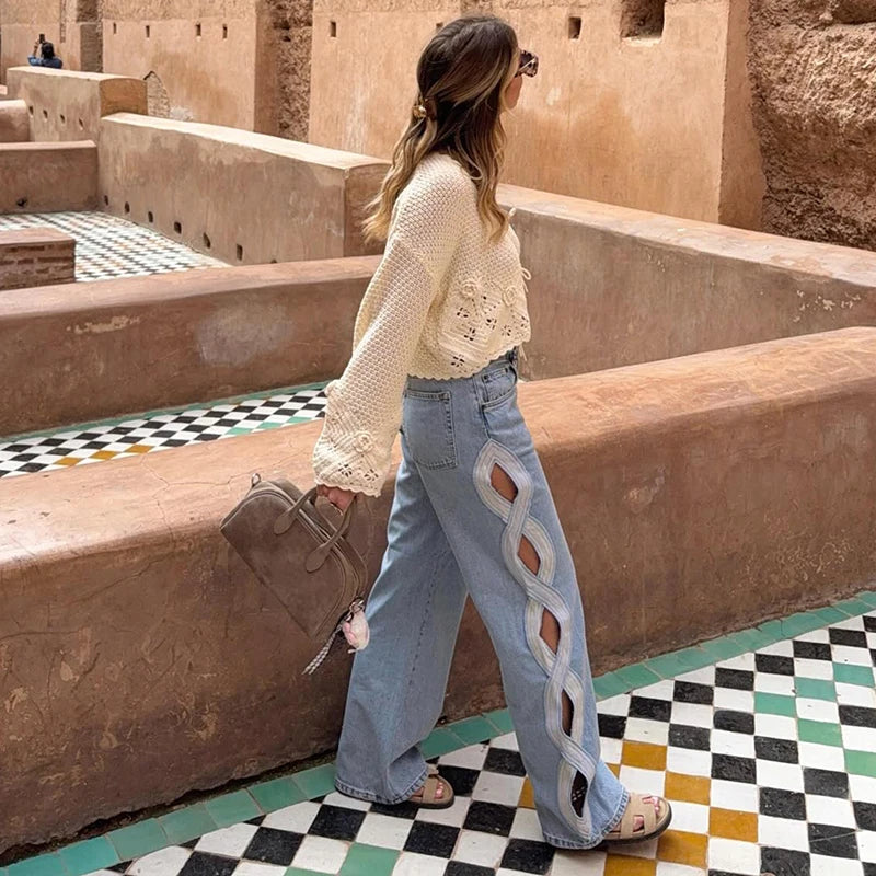 Y2K Women's Diamond Star Blue Jeans High Waist Pockets Zipper Wide Leg Denim Pant 2026 Summer Autumn Lady Street All-match Pants