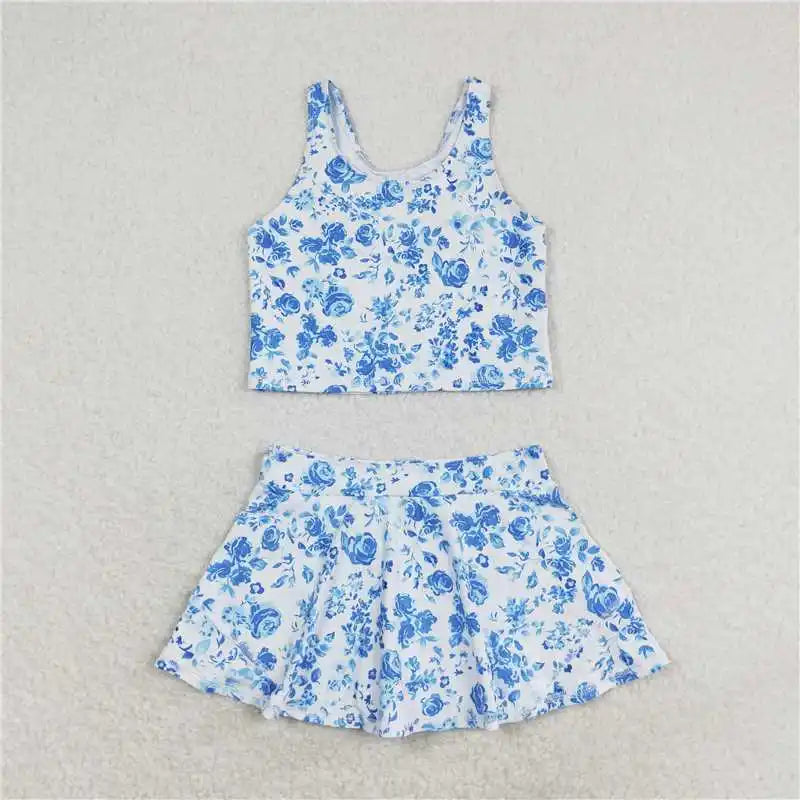 Baby Girl Clothes Kids Sets Toddler Girls Summer Athletic Acive Wear with Blue Castles Yoga Vest Top Sports Skorts Dresses